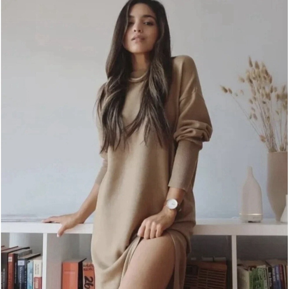 Wilfred Aritzia Cyprie Dress Brown Merino Wool Mock Neck Slit Womens XS